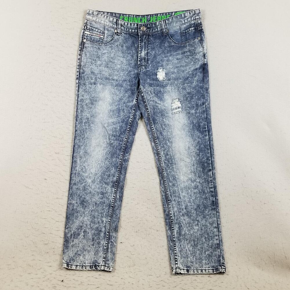 Crunch Jeans Mens 36x30 Blue Acid‎ Wash Straight Distressed Cotton Denim Pants